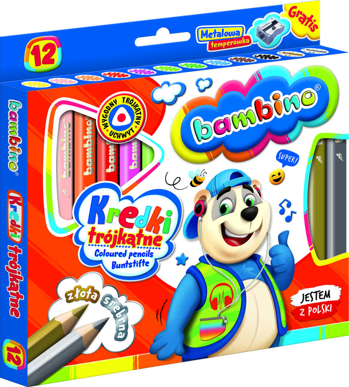 BAMBINO Kredki trojkatne w oprawie drewnianej 12 kolorow temperowka