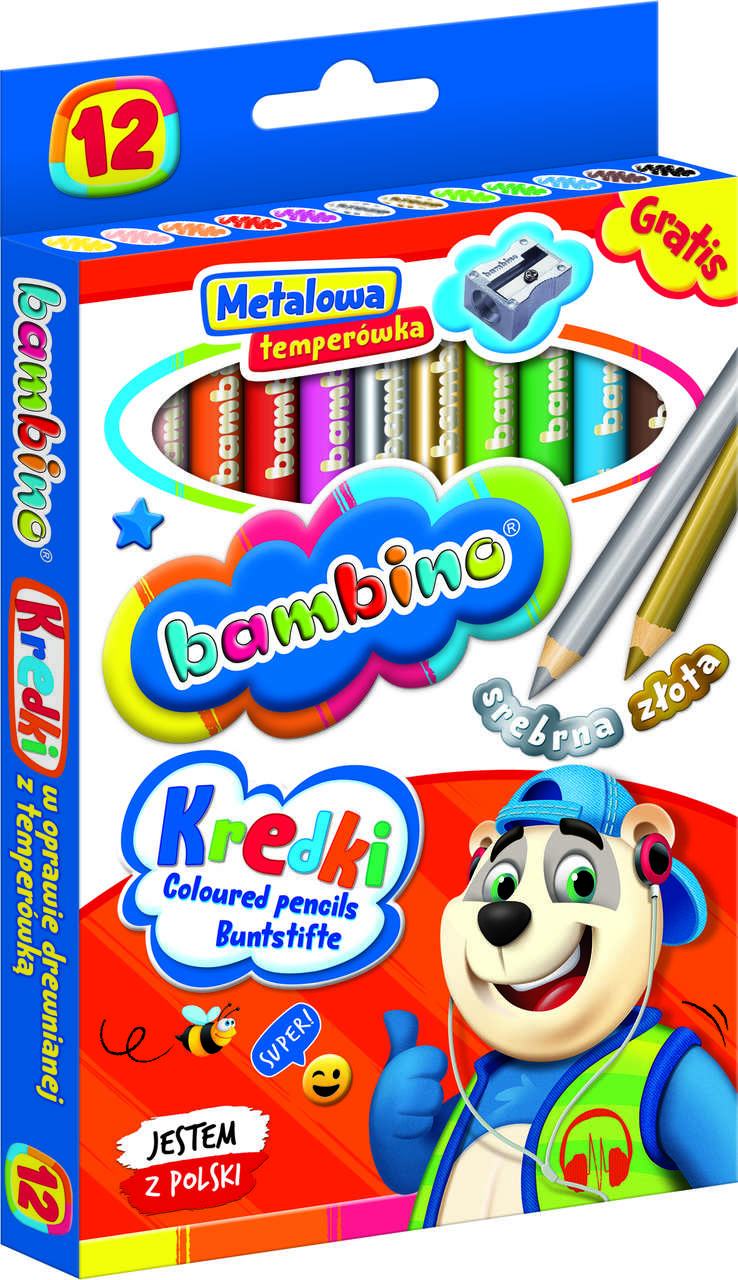 BAMBINO Kredki w oprawie drewnianej 12 kolorow temperowka