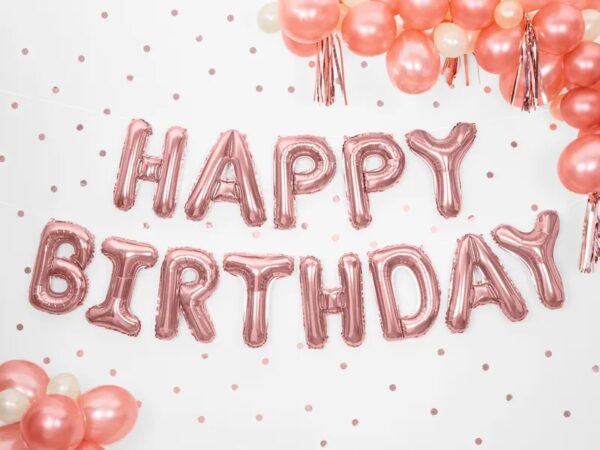 Balon foliowy dekoracja urodzinowa Happy Birthday rozowe zloto 340cm x 35cm