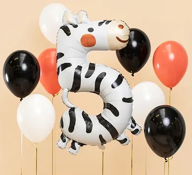Balon foliowy urodzinowy cyfra 5 Zebra 42x81 cm
