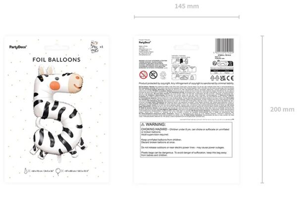 Balon foliowy urodzinowy cyfra 5 Zebra 42x81 cm