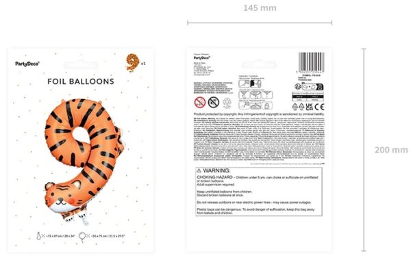 Balon foliowy urodzinowy cyfra 9 Tygrys 49x76 cm