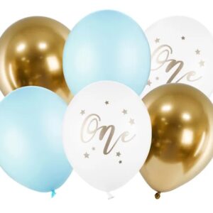 Balony urodzinowe Pastel Light Blue bialy zloty niebieski 30cm 6 sztuk