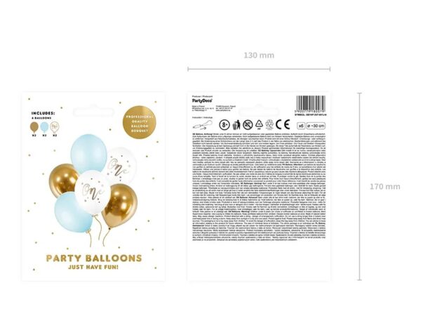 Balony urodzinowe Pastel Light Blue bialy zloty niebieski 30cm 6 sztuk