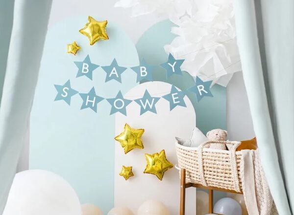 Baner napis na baby shower gwiazdki jasnoniebieskie 290cm x 16 5cm