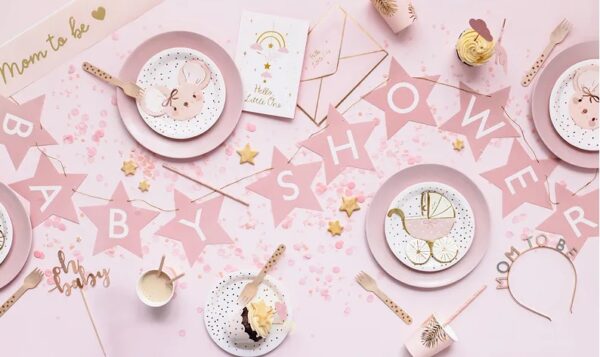 Baner napis na baby shower gwiazdki jasnorozowe 290cm x 16 5cm