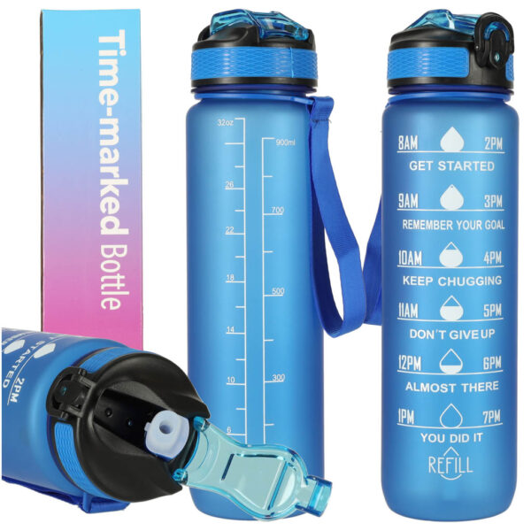 Butelka na wode bidon ze slomka uchwytem miarka motywacyjna na silownie BPA free Tritan 1l niebieska