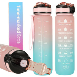 Butelka na wode bidon ze slomka uchwytem miarka motywacyjna na silownie BPA free Tritan 1l roz blekit