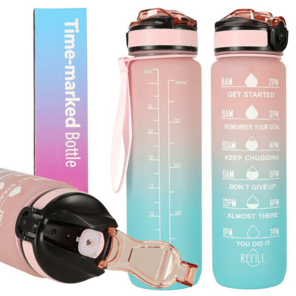 Butelka na wode bidon ze slomka uchwytem miarka motywacyjna na silownie BPA free Tritan 1l roz blekit
