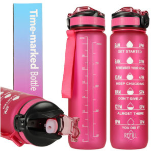 Butelka na wode bidon ze slomka uchwytem miarka motywacyjna na silownie BPA free Tritan 1l rozowa
