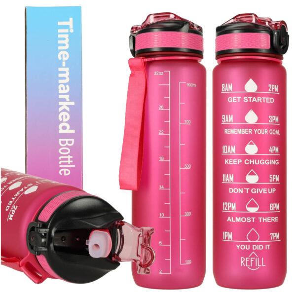 Butelka na wode bidon ze slomka uchwytem miarka motywacyjna na silownie BPA free Tritan 1l rozowa