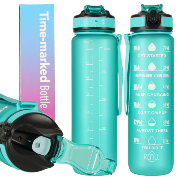 Butelka na wode bidon ze slomka uchwytem miarka motywacyjna na silownie BPA free Tritan 1l zielona
