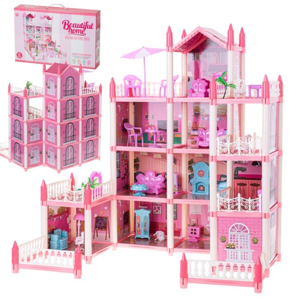 Domek dla lalek willa rozowa DIY 4 poziomy mebelki Domek dla lalek willa rozowa DIY 4 poziomy mebelki