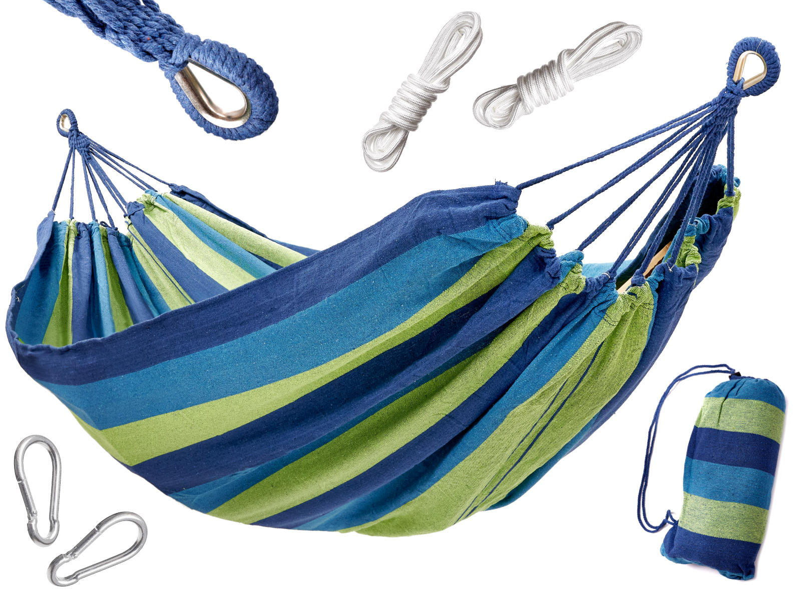 Hamak dwuosobowy 200x150 wzmocniony niebieski zestaw montazowy