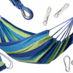 Hamak jednoosobowy 200x100 wzmocniony niebieski zestaw montazowy