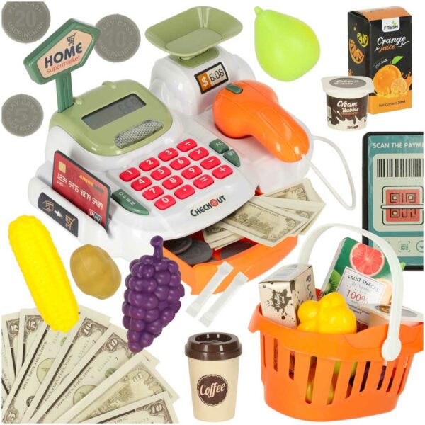 Kasa fiskalna dla dzieci supermarket sklep skaner kalkulator koszyk z akcesoriami 36 el Kasa fiskalna dla dzieci supermarket sklep skaner kalkulator koszyk z akcesoriami 36 el