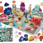 Klocki drewniane edukacyjne miasto puzzle 100el