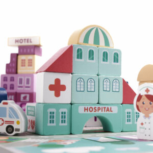 Klocki drewniane edukacyjne miasto puzzle 100el