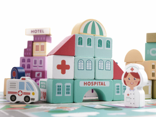 Klocki drewniane edukacyjne miasto puzzle 100el