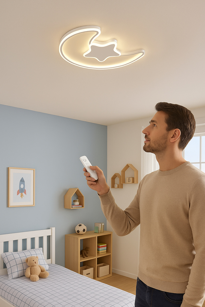 Lampa LED sufitowa plafon do pokoju dzieciecego sciemniana LUMELA pilot ksiezyc biala