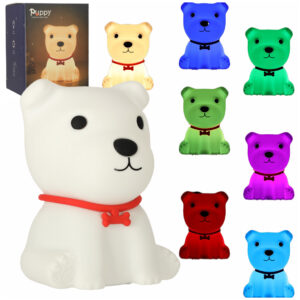 Lampka nocna dla dzieci silikonowa dotykowa miekka 8 LED USB RGB biala piesek