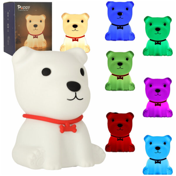 Lampka nocna dla dzieci silikonowa dotykowa miekka 8 LED USB RGB biala piesek