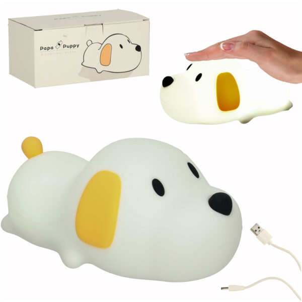 Lampka nocna dla dzieci silikonowa dotykowa miekka LED USB biala piesek lezacy