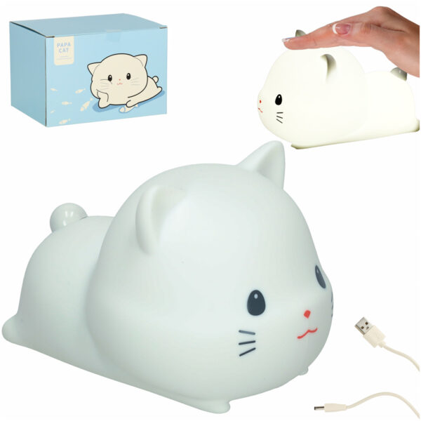 Lampka nocna dla dzieci silikonowa dotykowa miekka USB biala kotek lezacy
