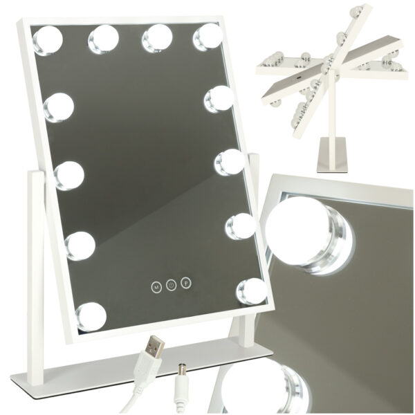Lusterko do makijazu kosmetyczne podswietlane LED Hollywood z 12 zarowkami USB 30 x 40 cm
