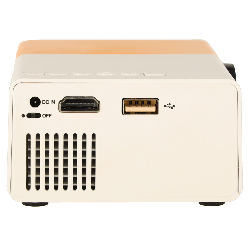 Mini projektor rzutnik przenosny dla dzieci LED TFT LCD 1920x1080 24 60 USB HDMI 12V pomaranczowo bialy