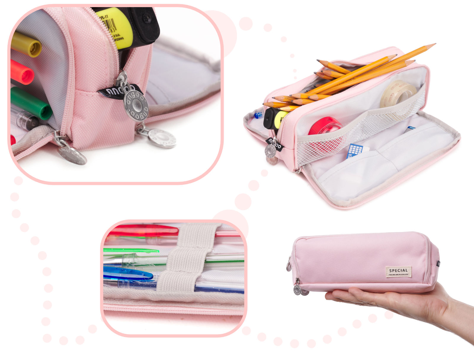 Piornik szkolny potrojny saszetka kosmetyczka 3w1 rozowy