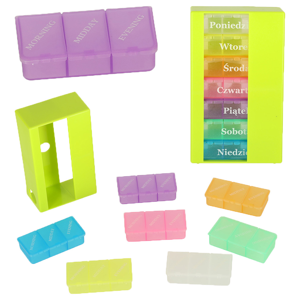 Pudelko organizer na leki na tabletki kasetka 7 dni 3 pory dnia 4 jezyki