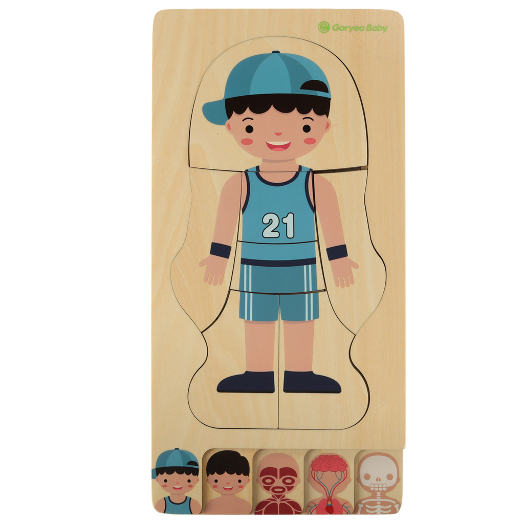 Puzzle drewniane warstwowe budowa ciala montessori chlopiec