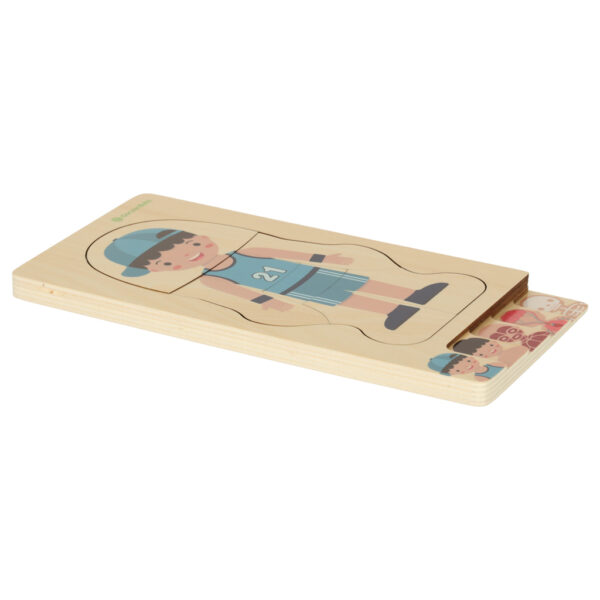 Puzzle drewniane warstwowe budowa ciala montessori chlopiec