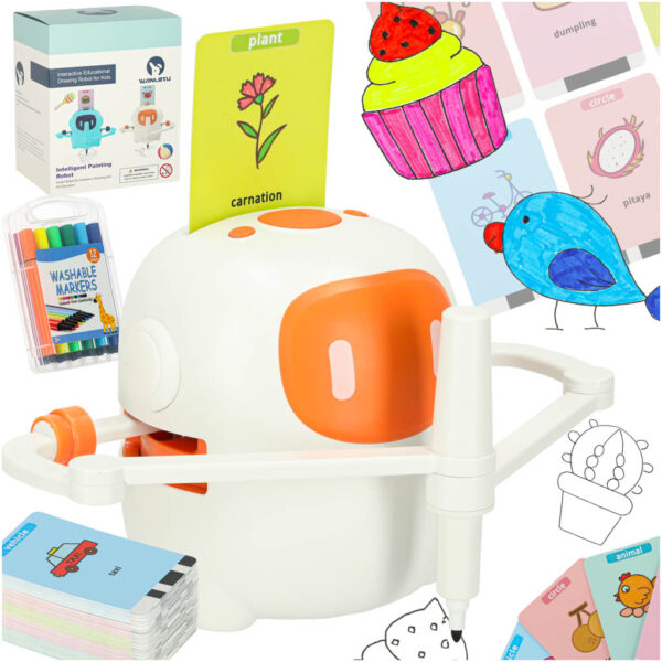 Robot edukacyjny interaktywny nauka rysowania pisania zestaw fiszki mazaki pomaranczowy Robot edukacyjny interaktywny nauka rysowania pisania zestaw fiszki mazaki pomaranczowy