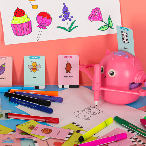 Robot edukacyjny interaktywny nauka rysowania pisania zestaw fiszki mazaki rozowy