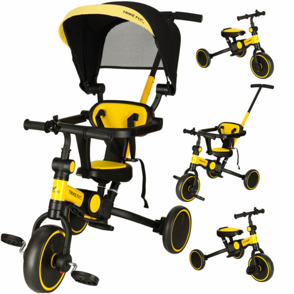 Rowerek trojkolowy TRIKE FIX V4 rower biegowy 6w1 daszek prowadnik pasy zolty czarny