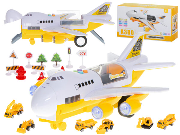 Samolot transporter z autami budowlany bok przod Samolot transporter z autami budowlany bok przod