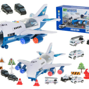 Samolot transporter z autami policja bok przod