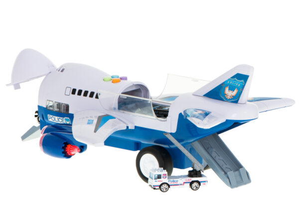 Samolot transporter z autami policja bok przod