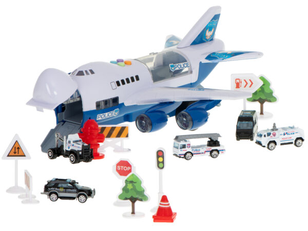 Samolot transporter z autami policja bok przod
