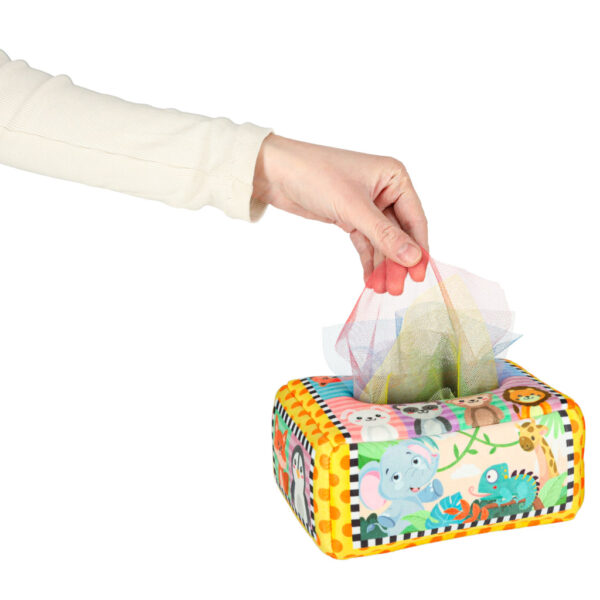 Sorter pudelko z chusteczkami sensoryczne montessori pluszowe cyfry litery