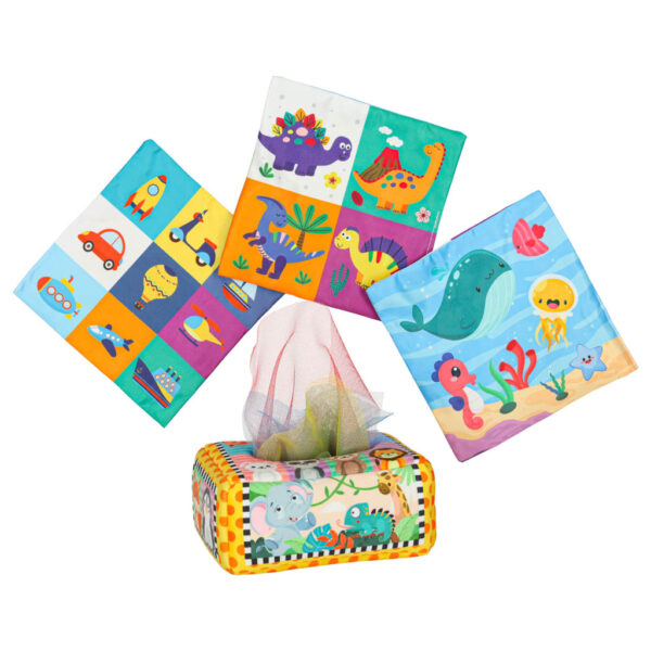 Sorter pudelko z chusteczkami sensoryczne montessori pluszowe cyfry litery