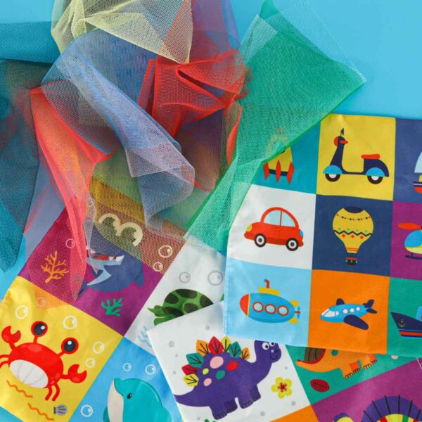 Sorter pudelko z chusteczkami sensoryczne montessori pluszowe cyfry litery
