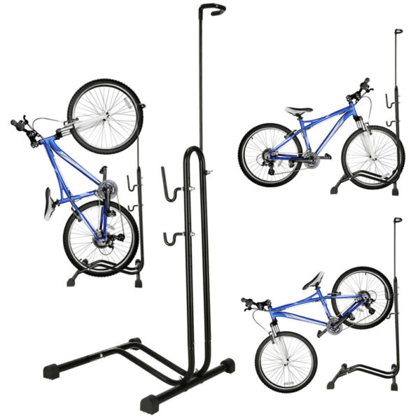 Rallex bicycle stand for a freestanding metal black service bike