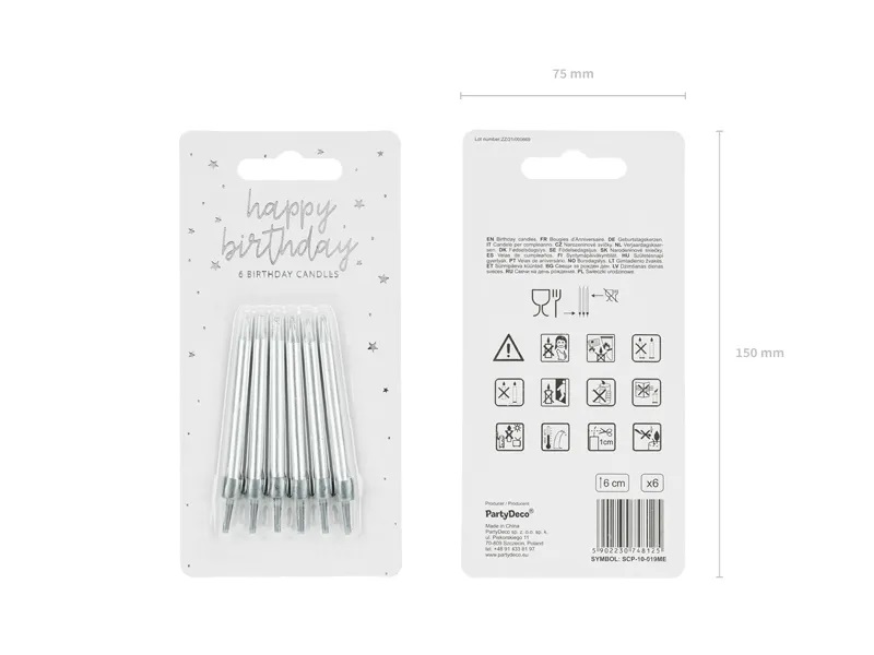 Swieczki urodzinowe na tort gladkie srebrny 6cm 6 sztuk