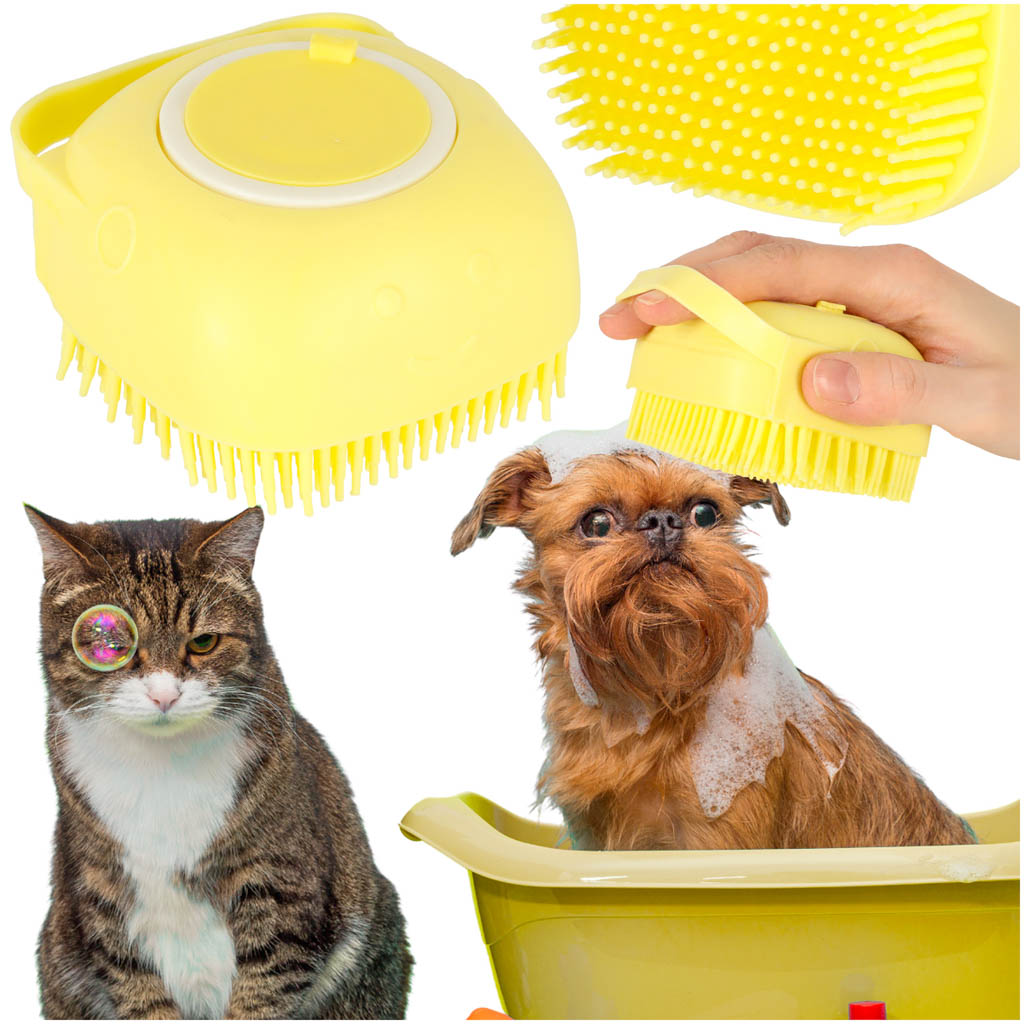 Szczotka silikonowa czyscik myjka do mycia psow kotow z dozownikiem zolta