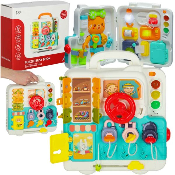Tablica manipulacyjna sensoryczna montessori walizka pokretla mis XXL swiatlo dzwiek Tablica manipulacyjna sensoryczna montessori walizka pokretla mis XXL swiatlo dzwiek