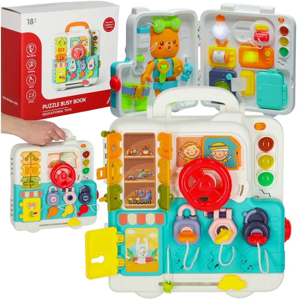 Tablica manipulacyjna sensoryczna montessori walizka pokretla mis XXL swiatlo dzwiek