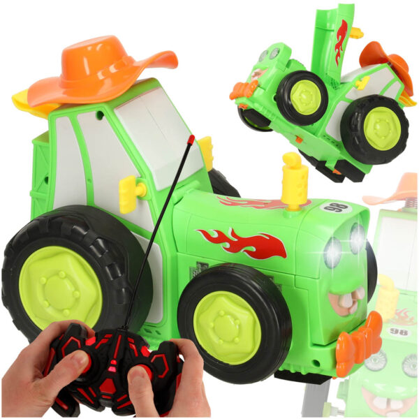 Traktor ciagnik zdalnie sterowany na pilota RC skaczacy tanczacy dzwiek zielony